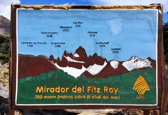 Panneau indiquant l'altitude de chaque sommet au mirador du Fitz Roy en Argentine